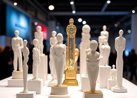 Serie di trofei in ceramica e vetro pronti per un evento di premiazione