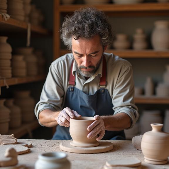 Maestro ceramista al lavoro nel laboratorio di Opale Lancio a Faenza